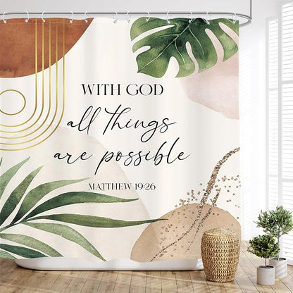 Glawry Boho Bible Verse Shower Curtain Extra Long Bathroom Curtain Set | Inspirational Abstract Scriptures Quotes Palm Leaf Mid Century 72Wx78L Bathroom Decor Waterproof Fabric with Free Hooks