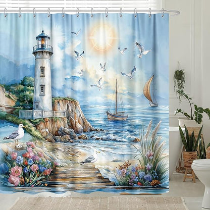 Nautical Coastal Lighthouse Shower Curtain, Boho Ocean Beach Lighthouse Seascape Beachy Abstract Shower Curtain Set, Seasides Sailboat Seagull Fabric Shower Curtain for Bathroom 12 Hooks, 72"×72" Blue