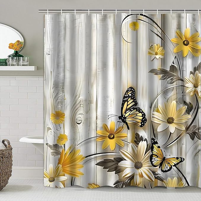 AZHM Yellow Daisy Floral Shower Curtain Set Butterfly Farmhouse Country for Bathroom Decor Set with Rugs Toilet Lid Cover and Bath Mat