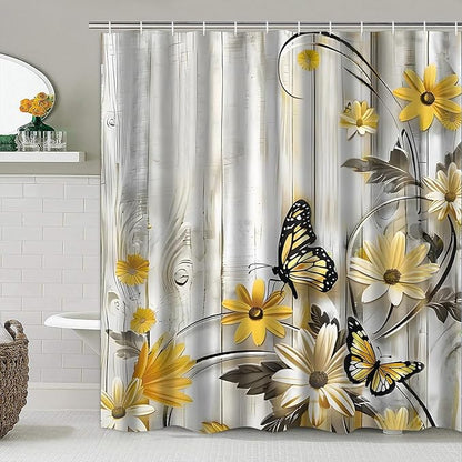 AZHM Yellow Daisy Floral Shower Curtain Set Butterfly Farmhouse Country for Bathroom Decor Set with Rugs Toilet Lid Cover and Bath Mat