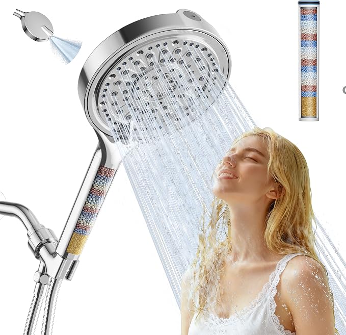 6 Inch Filtered Shower Head, 6 Spray Modes High Pressure Handheld Shower Head with Filter for Hard Water, Detachable Water Softener Showerhead with Hose, Chrome