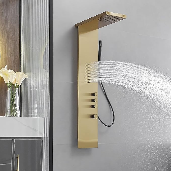 Brushed Gold Shower Panel Tower System Bathroom Wall Mount | Rain Shower Head with Body Jet Massage and Rainfall Hand Shower,High Pressure Large Area,Flexible Shower Hose,Stainless Steel