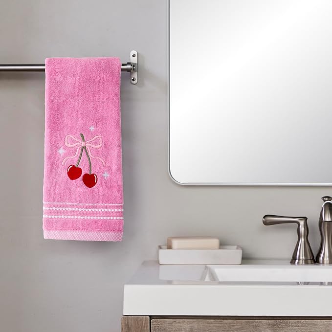 SKL Home Cherry Hearts Hand Towel Set-2pc, 100% Cotton, Embroidered, Pink | Soft & decorative velour. For use in the bathroom, kitchen or bar. Great for Valentine's Day & year-round décor.