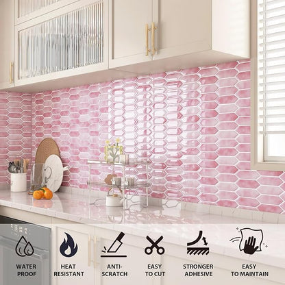 ReWallpaper Pink Peel and Stick Backsplash for Kitchen 12"x12" Waterproof Long Hexagon Tile Removable Marble Look Back Splash Stick on Tiles for Bathroom RV Fireplace Renter Friendly 3-Sheet