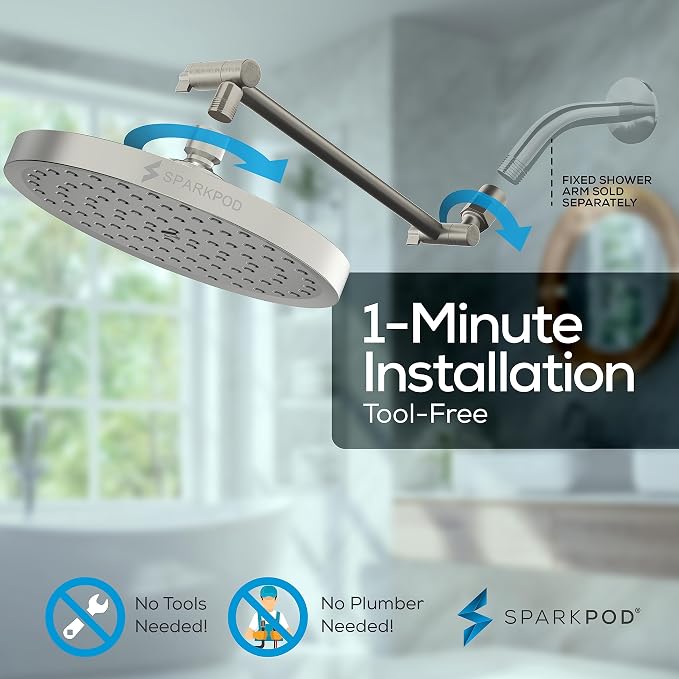 SparkPod 8" Round Rain Shower Head with 11" Shower Arm | Shower Head & Extension Arm Combo, Height Adjustable, High Pressure Performance, Easy 1-Minute Installation, Brushed Nickel