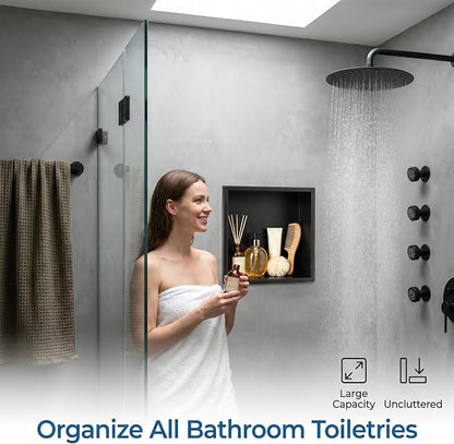 304 Stainless Steel Shower Niche 12” x 12” for Bathroom Storage | Waterproof Matte Black Recessed Shower Niche No Tile Needed with 2-Tier Shelves