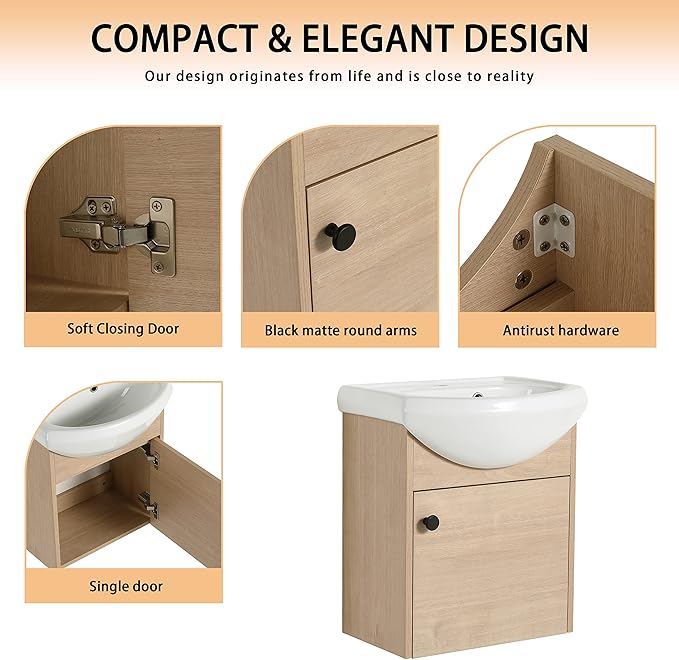 18" Bathroom Vanity with Sink, 18 Inch Floating Bathroom Vanity for Small Space, Modern Bathroom Vanity, Brown Wall Mounted Cabinet Set