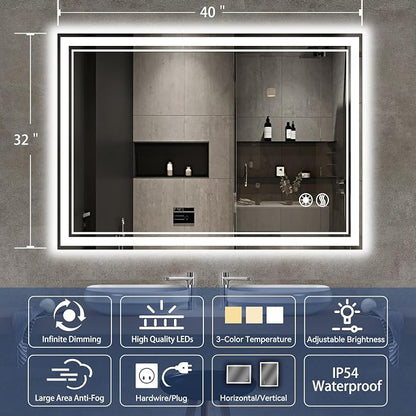 40“ x 32” Bathroom Mirror with Lights LED Mirror for Bathroom Anti-Fog Dimmable 3 Colors Memory Function Vanity Smart Mirror Home Decor Wall Mounted Horizontal/Vertical