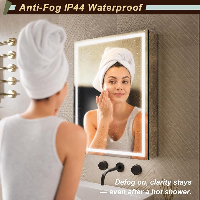 20 * 28 Left Hinge LED Bathroom Mirror Cabinet, Aluminum Medicine Cabinet | Light Adjustable, Sockets & USBs inside, Anti-Fog, Easy to Install