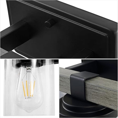 JONATHAN Y 22.75" Black/Gray Oak Wood Finish LED Vanity Light, Rustic Farmhouse Sconce, Clear Seeded Glass Shade, Industrial Wall Lamp for Bathroom Mirror, Kitchen Sink, LED Bulb (JYL7509B)