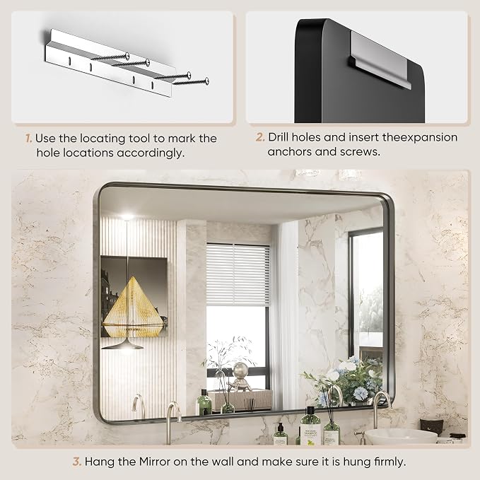 Sweetcrispy Bathroom Mirror, Vanity Mirror for Wall, 24x36 Inch | Rectangle Wall Decor for Entryway, Bedroom, Vanity, Anti-Rust, Horizontal or Vertical Hanging, Black