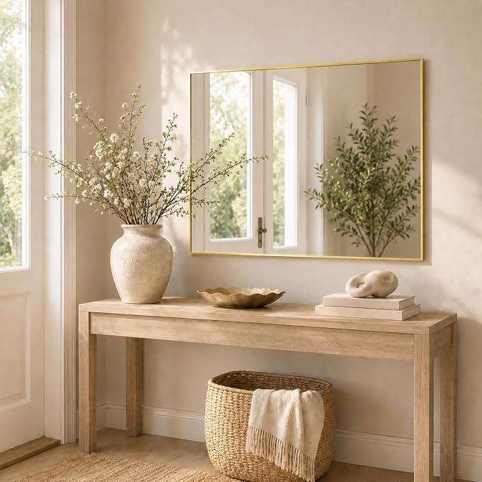 40"x30" Brushed Gold Framed Rectangle Bathroom Vanity Wall Mirror | Over-Sink Vanity Mirror, Slim Metal Frame, Entryway or Dresser Use, Vertical/Horizontal Mount, Tempered Glass