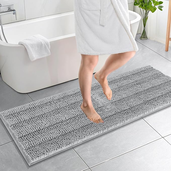 OLANLY Thick Bathroom Runner Rugs 59x20, Chenille Bath Rugs, Light Grey | Absorbent Striped, Rubber Backing, Machine Wash, Long Bath Mats for Bathroom Floor, Tub and Shower, Home Decor Accessories