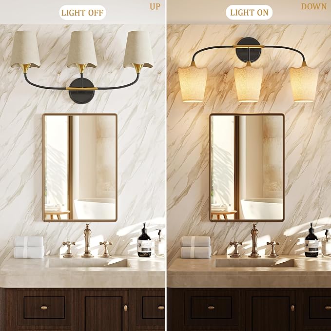 Morauroral Bathroom Light Fixtures Over Mirror, 3 Light Vanity Light for Bathroom, Black Gold Vanity Light Fixtures with Fabric Linen Shade, E26 Socket Sconce Wall Decor(ETL Listed)