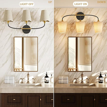 Morauroral Bathroom Light Fixtures Over Mirror, 3 Light Vanity Light for Bathroom, Black Gold Vanity Light Fixtures with Fabric Linen Shade, E26 Socket Sconce Wall Decor(ETL Listed)
