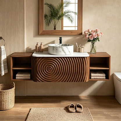 54" Floating Bathroom Vanity with Sink, Mid-Century Wall Mounted Bathroom Vanity Cabinet with Wood Waved Decor,Marble Ceramic Basin and Sintered Stone Top, Soft Close Drawer, 2 Side Open Cube