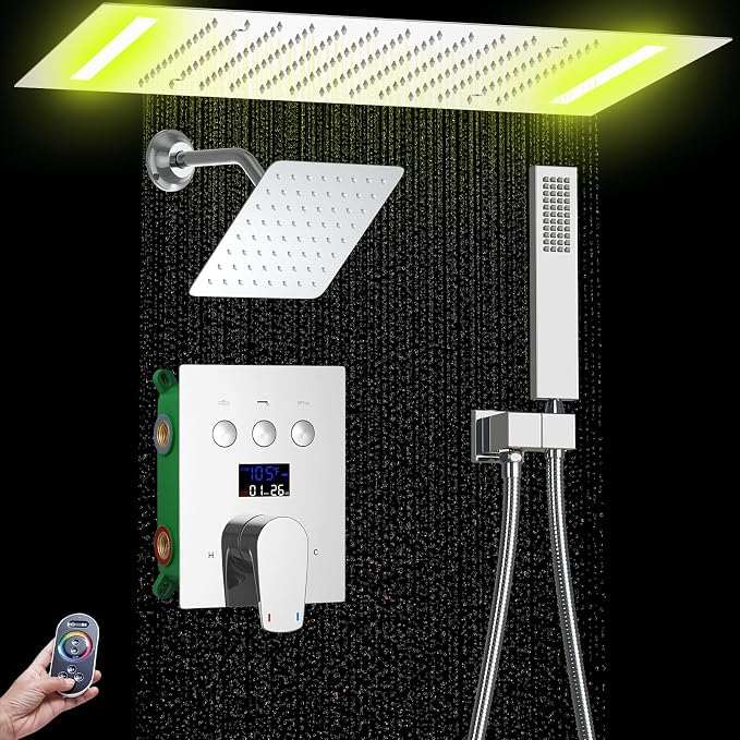 Dual Rain Shower Head System Ceiling Mount 14x20inch LED Shower Head and 8 Inch Side Shower Head with Handheld, Rainfall Shower Faucet Set (Chrome)
