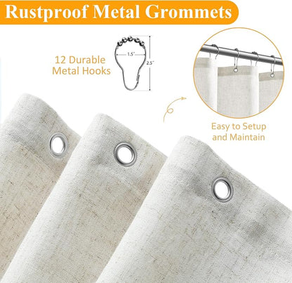 Cream Linen Shower Curtain, Country Boho Farmhouse Bath Decor Shower Curtains for Bathroom Neutral Cloth Weighted Textured Fabric Bath Curtain with Hooks, Cream, 72 Inch