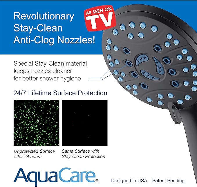 AquaCare High Pressure 8-mode Handheld Shower Head - Anti-clog Nozzles, Built-in Power Wash to Clean Tub, Tile & Pets, Extra Long 6 ft. Stainless Steel Hose, Wall & Overhead Brackets | Stay Clean Nozzles, Dual Power Wash for Tub, Tile & Pets, Long 6 ft...