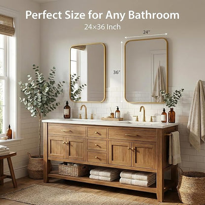 2-Pack 24x36 Inch Antique Gold Rounded Rectangle Vanity Mirrors | Double Vanity or Two Bathrooms, Pair or Separate Use, Iron Frame, Layered Shadow Box Look, Two-Way Mount