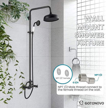 gotonovo Exposed Shower Faucet Set Luxury,Oil Rubbed Bronze,Straight Rod | Bathroom 8” Shower Head with Handheld Spray System Fixtures,Vintage Two Cross Handle,Wall Mount,for 5-6.7" Hole,Adjust Height