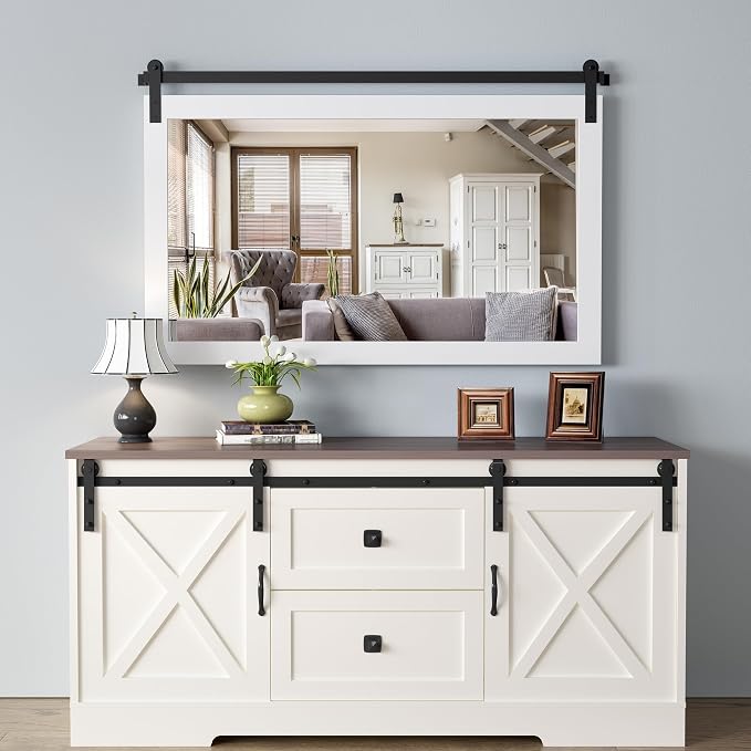 COGOOD Farmhouse Bathroom Mirrors for Over Sink - 30 x 49 Pure White | Rustic Barn Door Wood Framed Vanity Mirror for Entryway, Living Room, Bedroom, Dresser Wall Decor