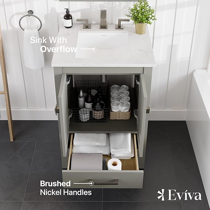 Eviva Aberdeen 24 in. Gray Single Sink Bath Vanity with Carrara Quartz Top and Undermount Porcelain Sink