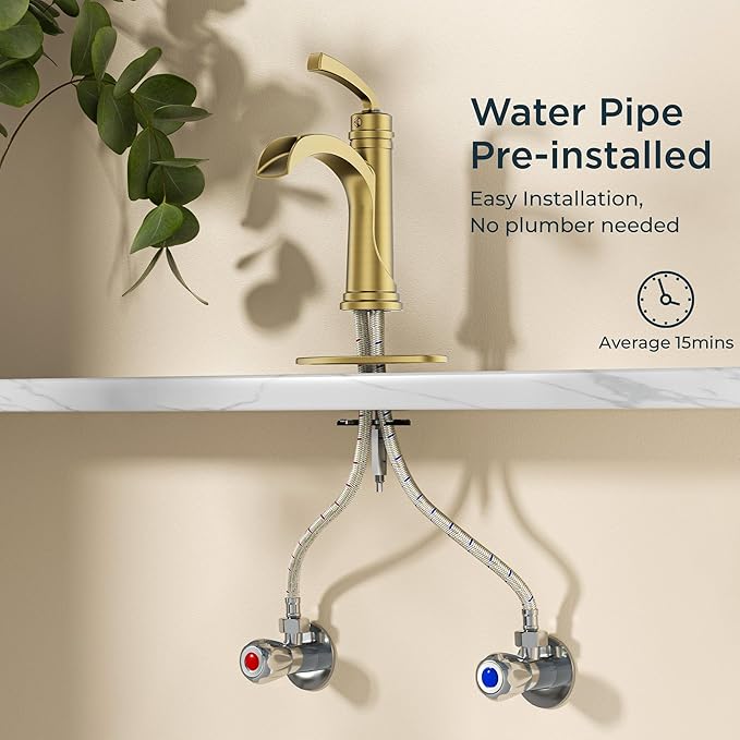 Forious Single Handle Bathroom Faucets Brushed Gold One Hole Antique Waterfall Bathroom Faucet with Metal Pop Up Drain and Deck Plate for Lavatory Vanity Farmhouse RV
