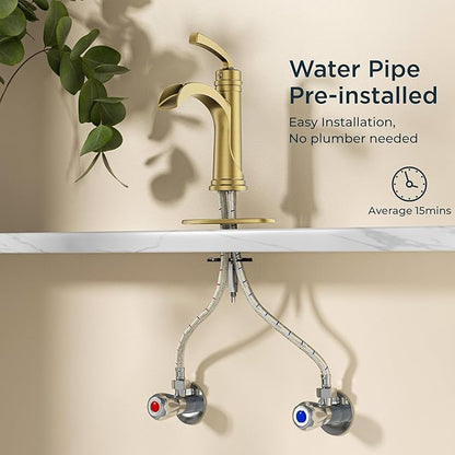 Forious Single Handle Bathroom Faucets Brushed Gold One Hole Antique Waterfall Bathroom Faucet with Metal Pop Up Drain and Deck Plate for Lavatory Vanity Farmhouse RV