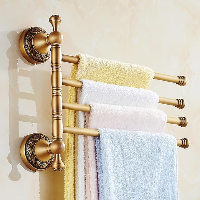 Swivel Towel Rack for Bathroom, Antique Bronze Folding 4 Arms Hand Towel Bars Towel Hanger for Laundry, Wall Mount Storage Space Saving,Pattern Carving Design