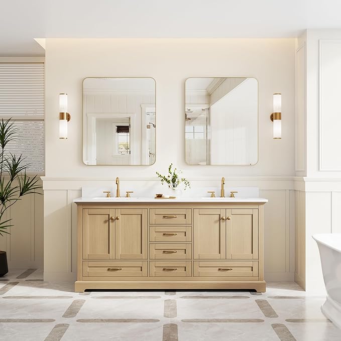 WELLFOR 72 Inch Bathroom Vanity with Double Sinks, Solid Wood Bathroom Vanity W/4 Soft-Close Doors and 6 Drawers, Cultured Marble Countertop Bathroom Vanities W/Two Sinks (Oak)