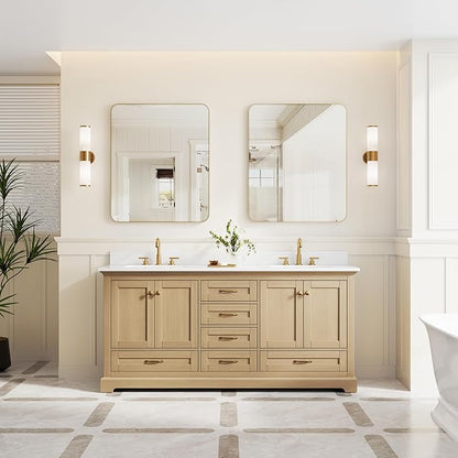 WELLFOR 72 Inch Bathroom Vanity with Double Sinks, Solid Wood Bathroom Vanity W/4 Soft-Close Doors and 6 Drawers, Cultured Marble Countertop Bathroom Vanities W/Two Sinks (Oak)