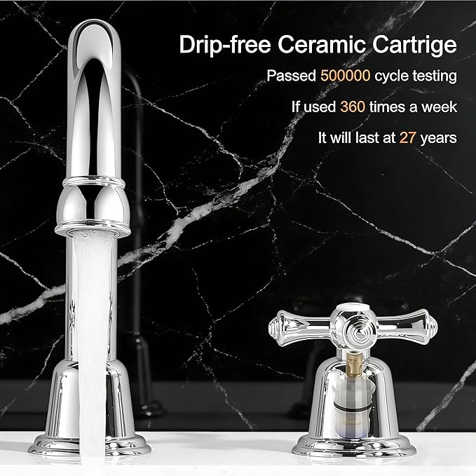 RKF Bathroom Faucets for Sink 3 Hole Chrome Polished 8 inch Widespread Bathroom Sink Faucet with Drain 2 Handles Cross Knobs Faucet Bathroom Vanity Faucet Basin Mixer Tap CWF039-CP