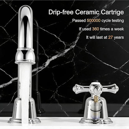 RKF Bathroom Faucets for Sink 3 Hole Chrome Polished 8 inch Widespread Bathroom Sink Faucet with Drain 2 Handles Cross Knobs Faucet Bathroom Vanity Faucet Basin Mixer Tap CWF039-CP