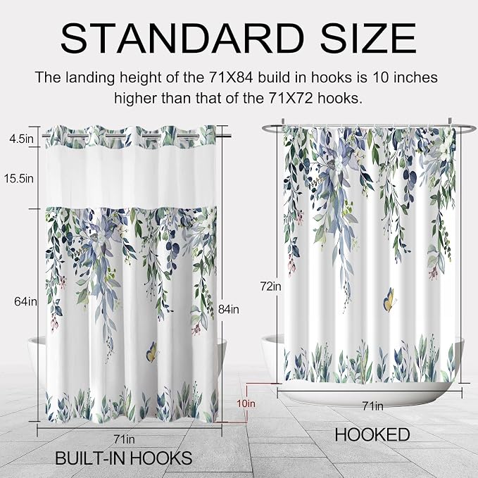No Hook Shower Curtain and Liner Set, Green Eucalyptus 71x84 | Floral Design, with Snap in Liner, See-Through Top Window, Waterproof, Machine Washable, Quick-Drying, for Hotel Bathroom