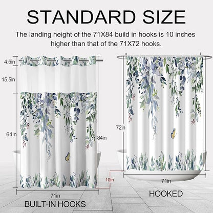 No Hook Shower Curtain and Liner Set, Green Eucalyptus 71x84 | Floral Design, with Snap in Liner, See-Through Top Window, Waterproof, Machine Washable, Quick-Drying, for Hotel Bathroom