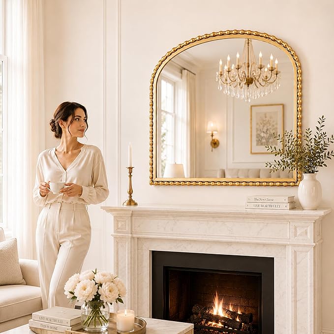 36"x28" Wide Arched Wall Mirror, Antique Gold Bold Beaded Frame | Large statement mirror for fireplace mantel, vintage decorative horizontal wall mount for entryway, living room, bathroom