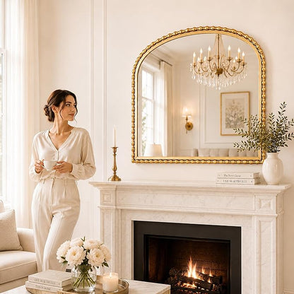 36"x28" Wide Arched Wall Mirror, Antique Gold Bold Beaded Frame | Large statement mirror for fireplace mantel, vintage decorative horizontal wall mount for entryway, living room, bathroom