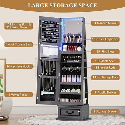 Vlsrka Mirror Jewelry Cabinet Standing with Lights, Lockable, Swivel, Grey | Standing Jewelry Armoire with Full Length Mirror, Large Jewelry Organizer Storage with Foldable Makeup Shelf, 3 LED Lights