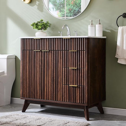 T4TREAM 36" Fluted Bathroom Vanity with Ceramic Sink Combo, Dark Walnut | Freestanding Modern Bathroom Storage Vanity Cabinet with 2 Soft Closing Doors & 3 Drawers, Wood Grain Texture, Metal Handle