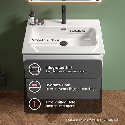 24" Bathroom Vanity with Sink, Modern Floating Vanity with Double Soft Closing Drawers, Large Storage for Small Space, Glossy White, Fully Assembled - Iris Collection