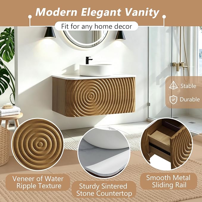 42" Floating Bathroom Vanity with Sink, Mid-Century Wall Mounted Bathroom Vanity Cabinet with Wood Waved Decor,Ceramic Vessel Basin and Sintered Stone Top, Soft Close Drawer, Side Open Cube