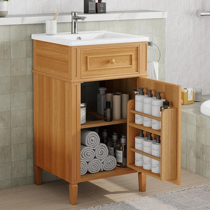 20" Small Bathroom Vanity with Ceramic Sink,Modern Freestanding Storage Cabinet w/Tilt-Out Drawer and Soft-Close Door,Adjustable Shelf,Solid Pinewood Frame for Bath/Powder/Guest Room,Wood