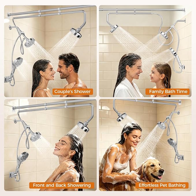 Dual Shower Head with Extra Handheld Sprayer for Couples & Families | 3 Shower Heads & 9 Spray Modes, High Pressure Tandem Shower, 180° Adjustable, Simultaneous Use, Easy Install
