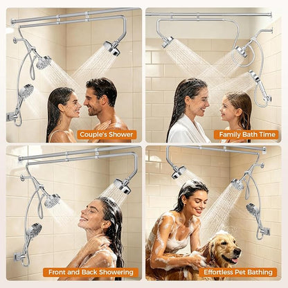 Dual Shower Head with Extra Handheld Sprayer for Couples & Families | 3 Shower Heads & 9 Spray Modes, High Pressure Tandem Shower, 180° Adjustable, Simultaneous Use, Easy Install