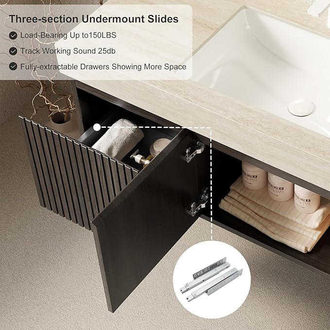 48" Floating Bathroom Vanity with Sink, Plywood Bathroom Vanities, Roma Travertine Sintered Stone Top and 3 Pre-drilled Faucet Holes Ceramic Basin, Pre-Assembled, Espresso Woodgrain