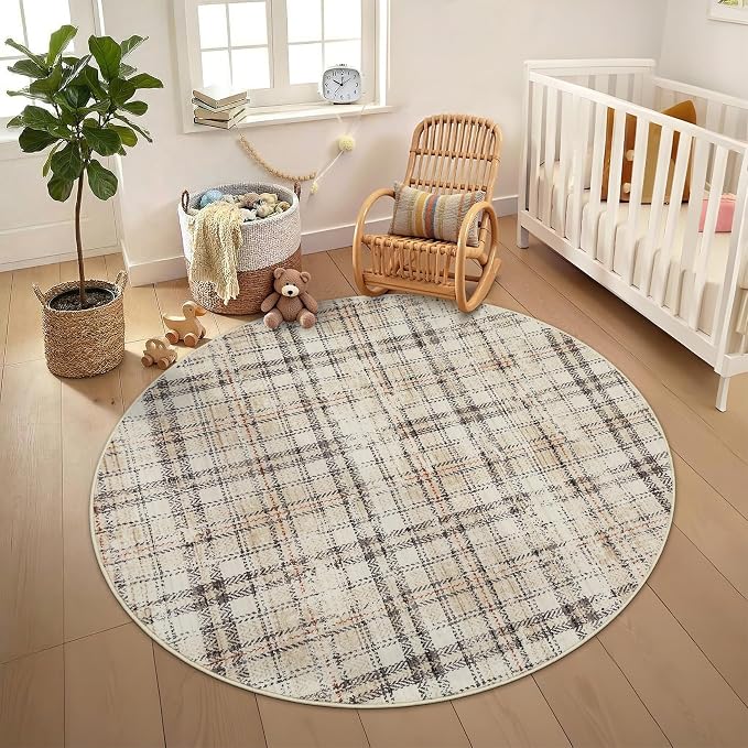 Tartan Plaid Washable Round Rugs, Non-Slip Soft Round Rug 4ft Ultra-Thin, Small Boho Circle Stain Resistant Low Pile Carpet for Entryway Kitchen Bedroom Nursery Bathroom, Beige