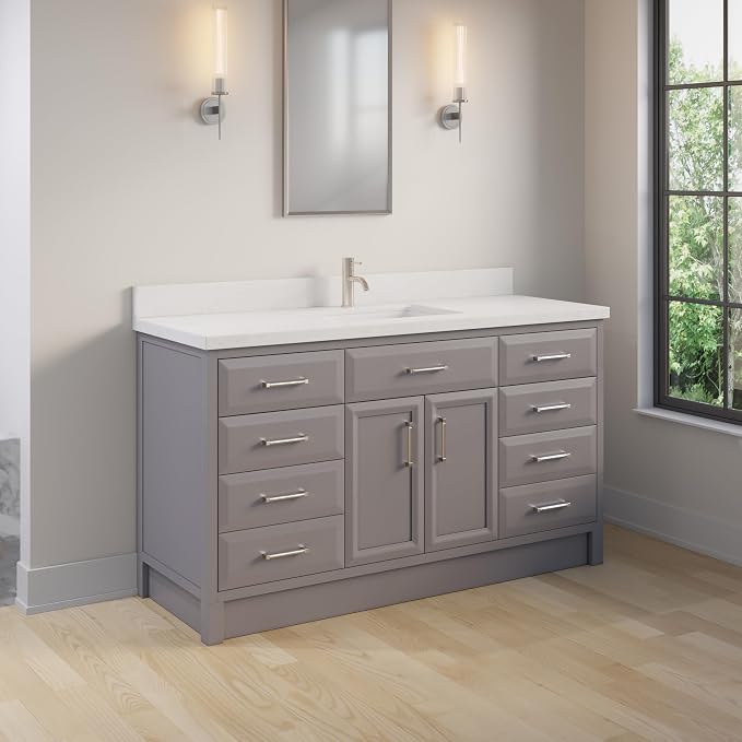 Capri III 60" Single Sink Bathroom Vanity With Stealth Organizer, Solid Wood Bathroom Cabinet with Engineered Stone Countertop & Backspalsh, Soft Closing Door & Drawer, Pre-Assembled, Mink