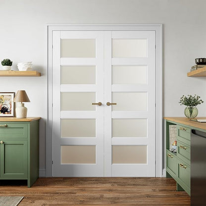SMARTSTANDARD 56" x 80" Frosted Glass Pantry Door, Solid Core Slab Door | Pre-Assembled 5-Panel without Hardware, French Interior Door for Pantry Pocket, White Primed