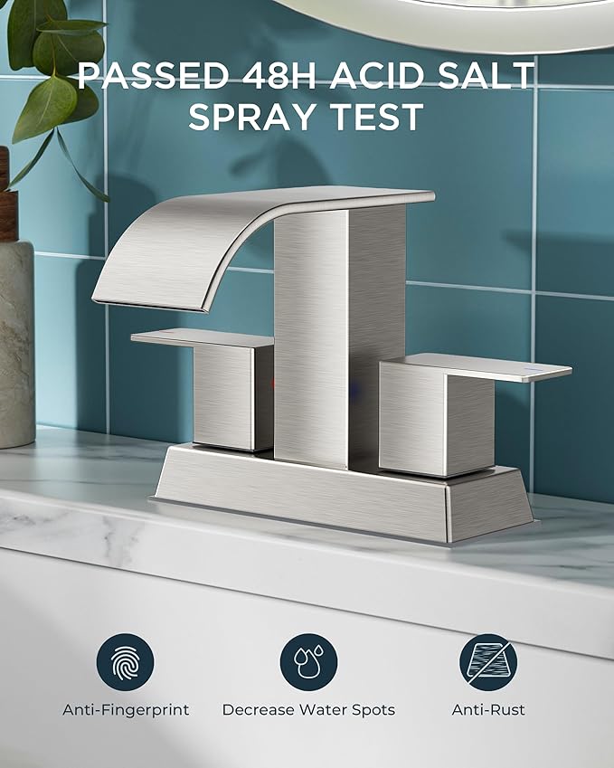 FORIOUS 4 Inch Centerset Brushed Nickel Bathroom Faucet, 2 or 3 Hole Waterfall Square Bathroom Sink Faucet with Metal Pop-up Drain and Supply Lines, Two Handles for Vanity, Lavatory Room, Pedestal
